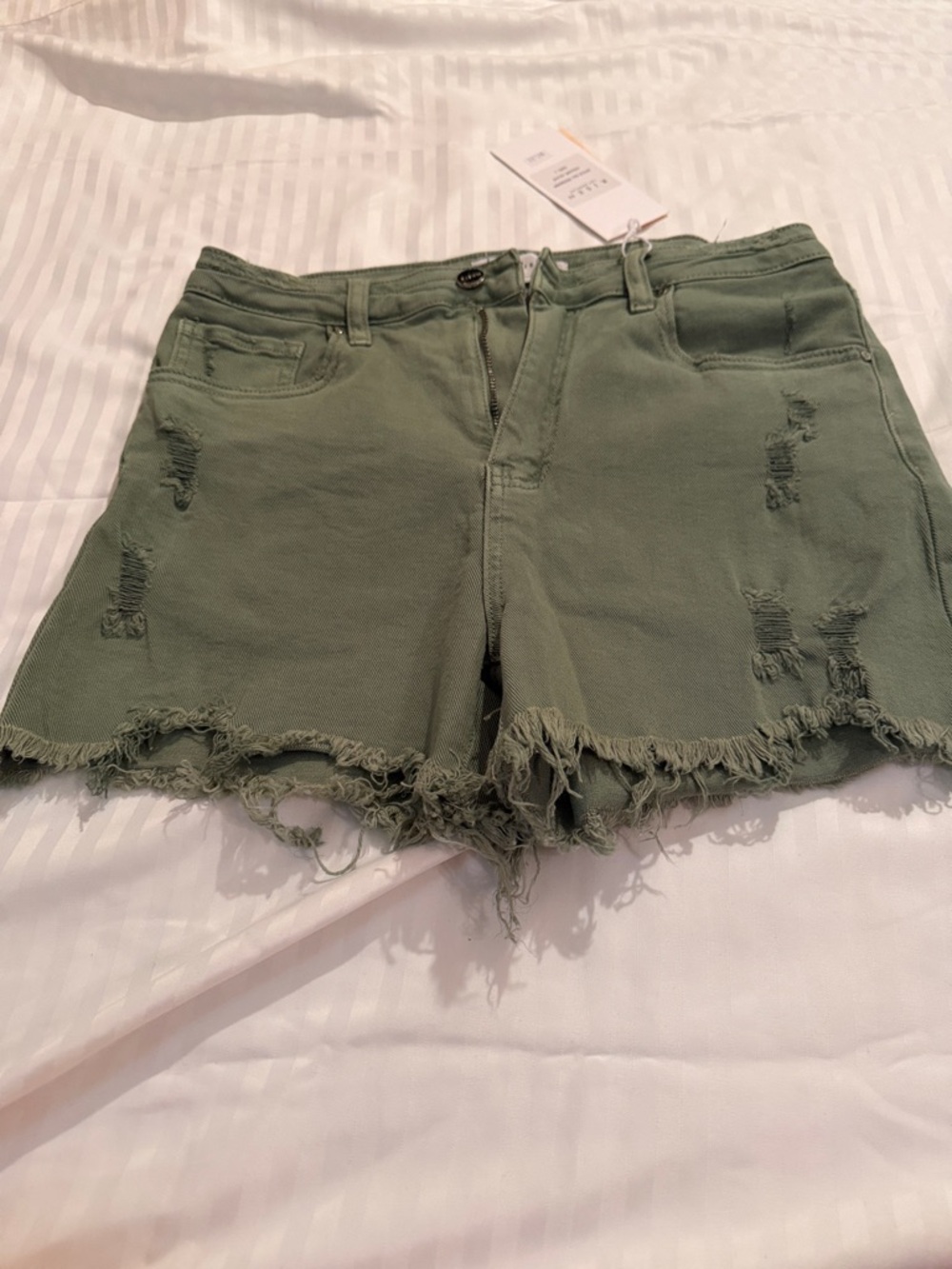 Risen Women's Olive Distressed Frayed Hem Jean Shorts